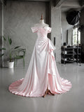 Load image into Gallery viewer, Blush Pink Off Shoulder Gown with Draped Bodice, Ruched Waist and Asymmetric Side Detail