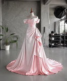 Load image into Gallery viewer, Blush Pink Off Shoulder Gown with Draped Bodice, Ruched Waist and Asymmetric Side Detail