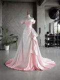 Load image into Gallery viewer, Blush Pink Off Shoulder Gown with Draped Bodice, Ruched Waist and Asymmetric Side Detail