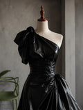 Load image into Gallery viewer, Black One Shoulder Gown with Oversized Bow Detail, Ruched Waist and Dramatic Draped Formal Silhouette