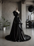 Load image into Gallery viewer, Black One Shoulder Gown with Oversized Bow Detail, Ruched Waist and Dramatic Draped Formal Silhouette