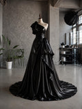 Load image into Gallery viewer, Black One Shoulder Gown with Oversized Bow Detail, Ruched Waist and Dramatic Draped Formal Silhouette