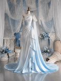 Load image into Gallery viewer, White One Shoulder Draped Gown with Bow Detail and Elegant Floor Length Silhouette