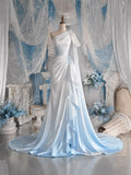 Load image into Gallery viewer, White One Shoulder Draped Gown with Bow Detail and Elegant Floor Length Silhouette