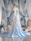 Load image into Gallery viewer, White One Shoulder Draped Gown with Bow Detail and Elegant Floor Length Silhouette