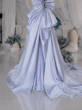 Load image into Gallery viewer, Light Blue Asymmetric Bow Gown with Draped Sweetheart Bodice and Voluminous Formal Skirt