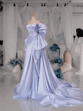 Load image into Gallery viewer, Light Blue Asymmetric Bow Gown with Draped Sweetheart Bodice and Voluminous Formal Skirt