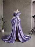 Load image into Gallery viewer, Purple Off Shoulder Draped Gown with Sculptural Bow Detail and Full Skirt for Formal Events