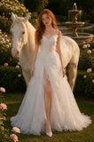 Load image into Gallery viewer, White Bridal Gown with Floral Details, Draped Skirt, Front Slit, Romantic Wedding Dress, Made to Measure Formal Gown