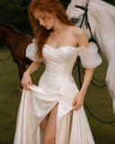 Load image into Gallery viewer, White Off Shoulder Bridal Gown with Ruffle Sleeves, Floral Detail, High Slit, Long Train Wedding Dress