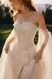 Load image into Gallery viewer, Ivory Off Shoulder Bridal Gown with Draped Sleeves, Fitted Bodice, Flowing Skirt and Dramatic Train