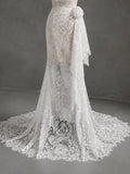 Load image into Gallery viewer, White Lace Wedding Dress with Draped Neckline, Long Sleeves and Floral Waist Detail