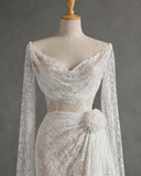 Load image into Gallery viewer, White Lace Wedding Dress with Draped Neckline, Long Sleeves and Floral Waist Detail