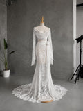 Load image into Gallery viewer, White Lace Wedding Dress with Draped Neckline, Long Sleeves and Floral Waist Detail