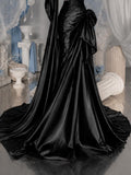 Load image into Gallery viewer, Black One Shoulder Evening Gown with Draped Bodice, Statement Bows and Dramatic Formal Silhouette