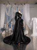 Load image into Gallery viewer, Black One Shoulder Evening Gown with Draped Bodice, Statement Bows and Dramatic Formal Silhouette
