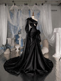 Load image into Gallery viewer, Black One Shoulder Evening Gown with Draped Bodice, Statement Bows and Dramatic Formal Silhouette