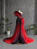 Load image into Gallery viewer, Red and Black Asymmetrical Evening Dress with Sculptural Bows and Dramatic Draped Silhouette
