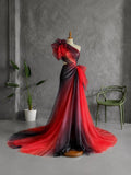 Load image into Gallery viewer, Red and Black Asymmetrical Evening Dress with Sculptural Bows and Dramatic Draped Silhouette
