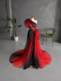 Load image into Gallery viewer, Red and Black Asymmetrical Evening Dress with Sculptural Bows and Dramatic Draped Silhouette