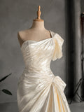 Load image into Gallery viewer, White Off Shoulder Bridal Gown with Flowing Skirt and Dramatic Train