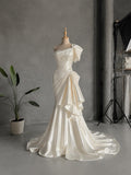 Load image into Gallery viewer, White Off Shoulder Bridal Gown with Flowing Skirt and Dramatic Train
