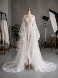 Load image into Gallery viewer, White One Shoulder Wedding Gown, Long Sleeve Bridal Dress, Flowing Train Formal Ceremony Gown