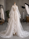 Load image into Gallery viewer, White One Shoulder Wedding Gown, Long Sleeve Bridal Dress, Flowing Train Formal Ceremony Gown