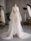 Load image into Gallery viewer, White One Shoulder Wedding Gown, Long Sleeve Bridal Dress, Flowing Train Formal Ceremony Gown