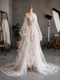 Load image into Gallery viewer, White One Shoulder Wedding Gown, Long Sleeve Bridal Dress, Flowing Train Formal Ceremony Gown
