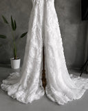 Load image into Gallery viewer, White Lace One Shoulder Wedding Gown with Sheer Sleeve and Dramatic Train