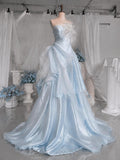 Load image into Gallery viewer, Light Blue Strapless Formal Gown with Sculptural Floral Detail, Romantic Wedding and Special Occasion Dress