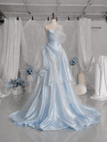 Load image into Gallery viewer, Light Blue Strapless Formal Gown with Sculptural Floral Detail, Romantic Wedding and Special Occasion Dress