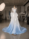 Load image into Gallery viewer, White Asymmetrical Bridal Gown, One Shoulder Wedding Dress with Dramatic Draping and Voluminous Skirt