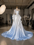 Load image into Gallery viewer, White Asymmetrical Bridal Gown, One Shoulder Wedding Dress with Dramatic Draping and Voluminous Skirt