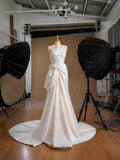 Load image into Gallery viewer, White One Shoulder Draped Wedding Gown with Sculptural Waist Bow