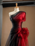 Load image into Gallery viewer, Black and Red One Shoulder Tulle Evening Gown with Sculptural Ruffle Detail