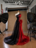 Load image into Gallery viewer, Black and Red One Shoulder Tulle Evening Gown with Sculptural Ruffle Detail