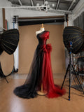 Load image into Gallery viewer, Black and Red One Shoulder Tulle Evening Gown with Sculptural Ruffle Detail