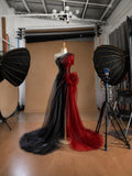 Load image into Gallery viewer, Black and Red One Shoulder Tulle Evening Gown with Sculptural Ruffle Detail