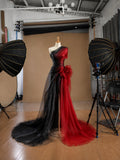 Load image into Gallery viewer, Black and Red One Shoulder Tulle Evening Gown with Sculptural Ruffle Detail