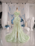 Load image into Gallery viewer, Sage Green Ruffle Gown with Sculptural Floral Bodice and Flowing Asymmetrical Skirt