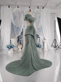 Load image into Gallery viewer, Sage Green Sculptural Pleated Gown Asymmetric One Shoulder Formal Dress Made to Measure