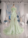 Load image into Gallery viewer, Sage Green Ruffle Gown with Sculptural Floral Bodice and Flowing Asymmetrical Skirt