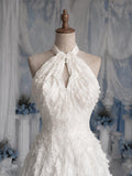 Load image into Gallery viewer, White Halter Wedding Dress with Textured Ruffle Detail, Keyhole Neckline and Flowing Bridal Silhouette