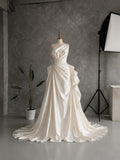 Load image into Gallery viewer, Ivory Asymmetric Wedding Gown with Sculptural Draping, One Shoulder Bridal Dress, Made to Measure