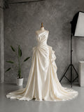 Load image into Gallery viewer, Ivory Asymmetric Wedding Gown with Sculptural Draping, One Shoulder Bridal Dress, Made to Measure