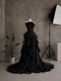 Load image into Gallery viewer, Black Strapless Sculptural Evening Gown with Layered Skirt, Formal Statement Dress, Made to Measure