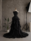 Load image into Gallery viewer, Black Strapless Sculptural Evening Gown with Layered Skirt, Formal Statement Dress, Made to Measure