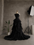 Load image into Gallery viewer, Black Strapless Sculptural Evening Gown with Layered Skirt, Formal Statement Dress, Made to Measure